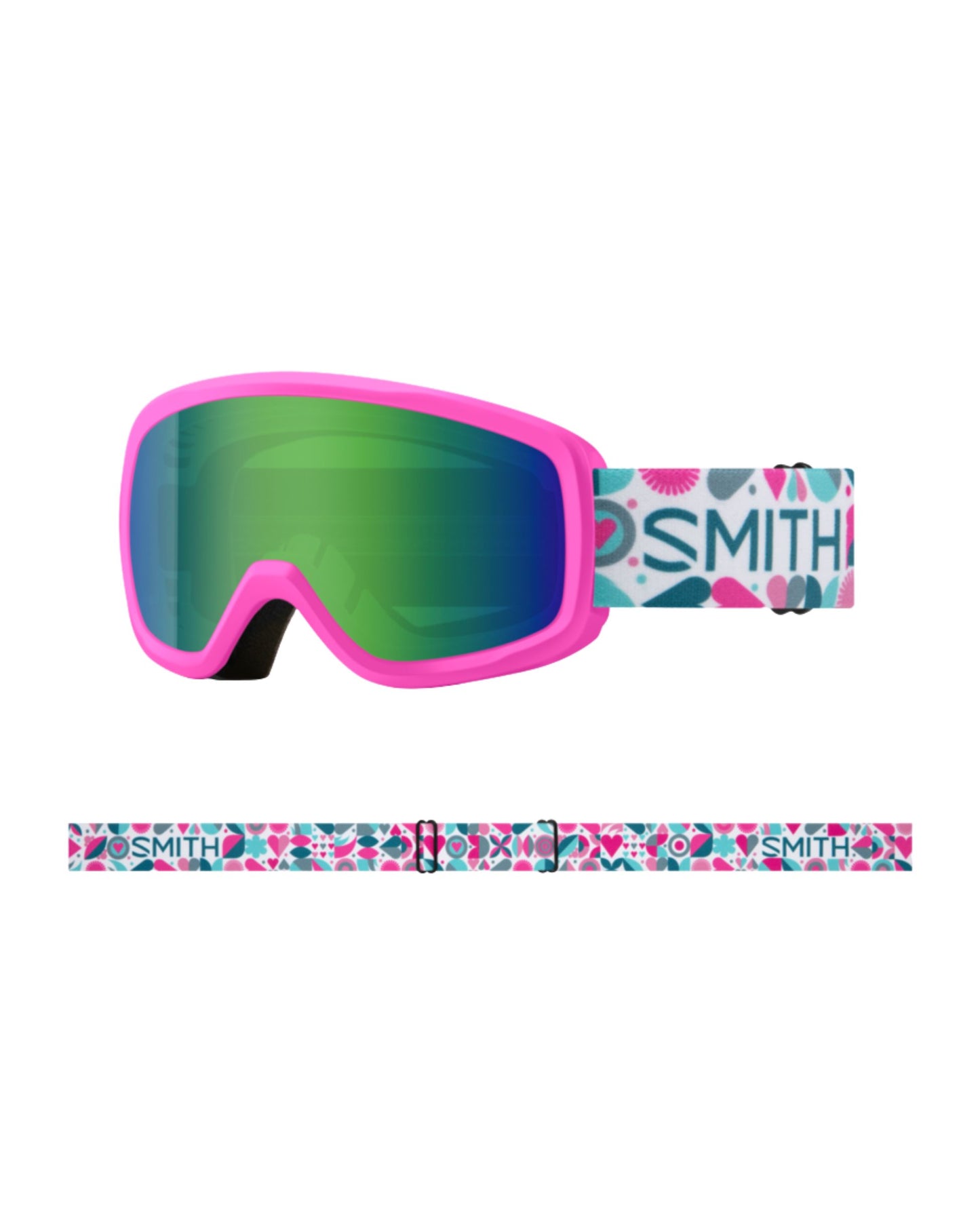 Smith Snowday Junior Ski Goggles - Vivid Pink Hearts + Green Sol-X Mirror Lens